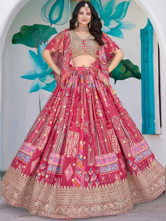 Pink Digital Print And Embroidery Work Silk Lehenga With Stylish Blouse