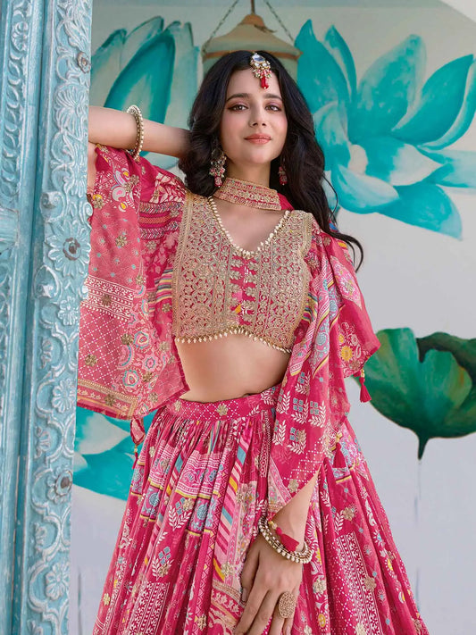 Pink Digital Print And Embroidery Work Silk Lehenga With Stylish Blouse