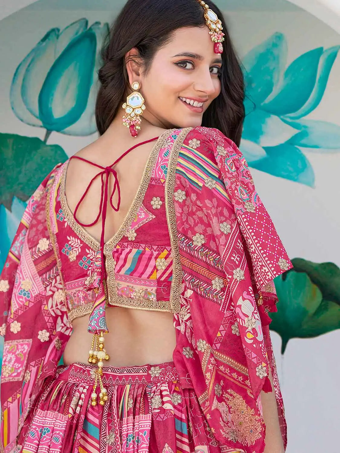 Pink Digital Print And Embroidery Work Silk Lehenga With Stylish Blouse
