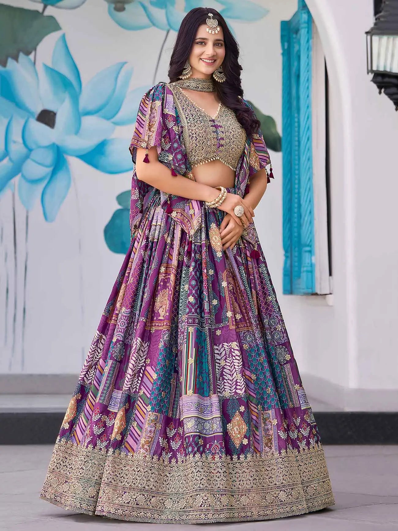 Purple Digital Print And Embroidery Work Lehenga With Choker Style Dupatta