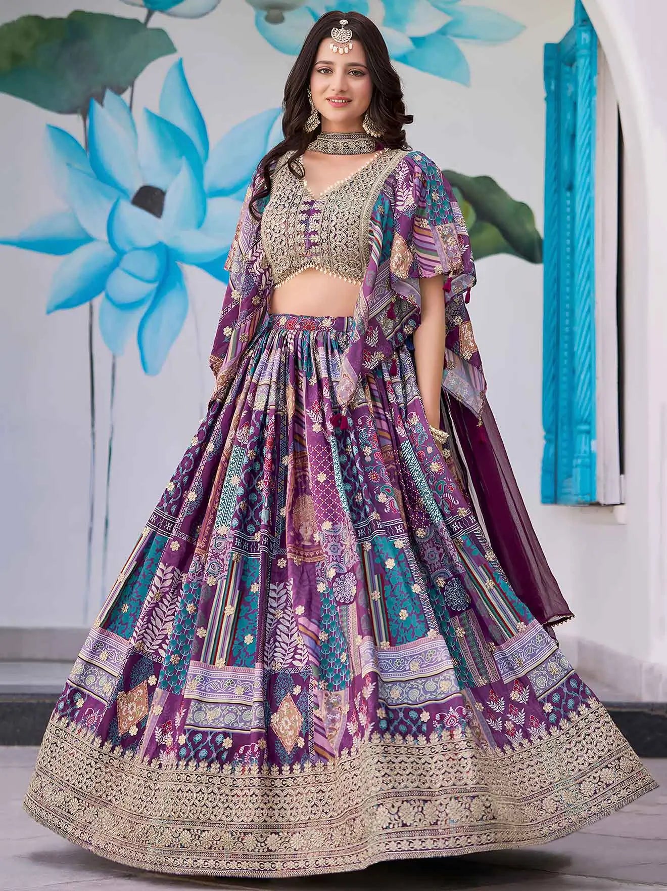 Purple Digital Print And Embroidery Work Lehenga With Choker Style Dupatta