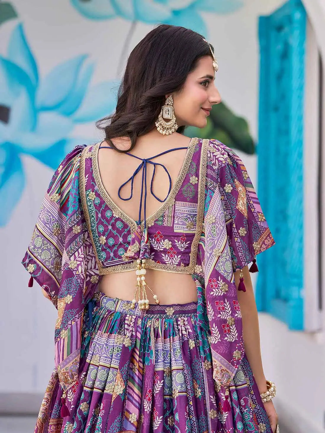 Purple Digital Print And Embroidery Work Lehenga With Choker Style Dupatta