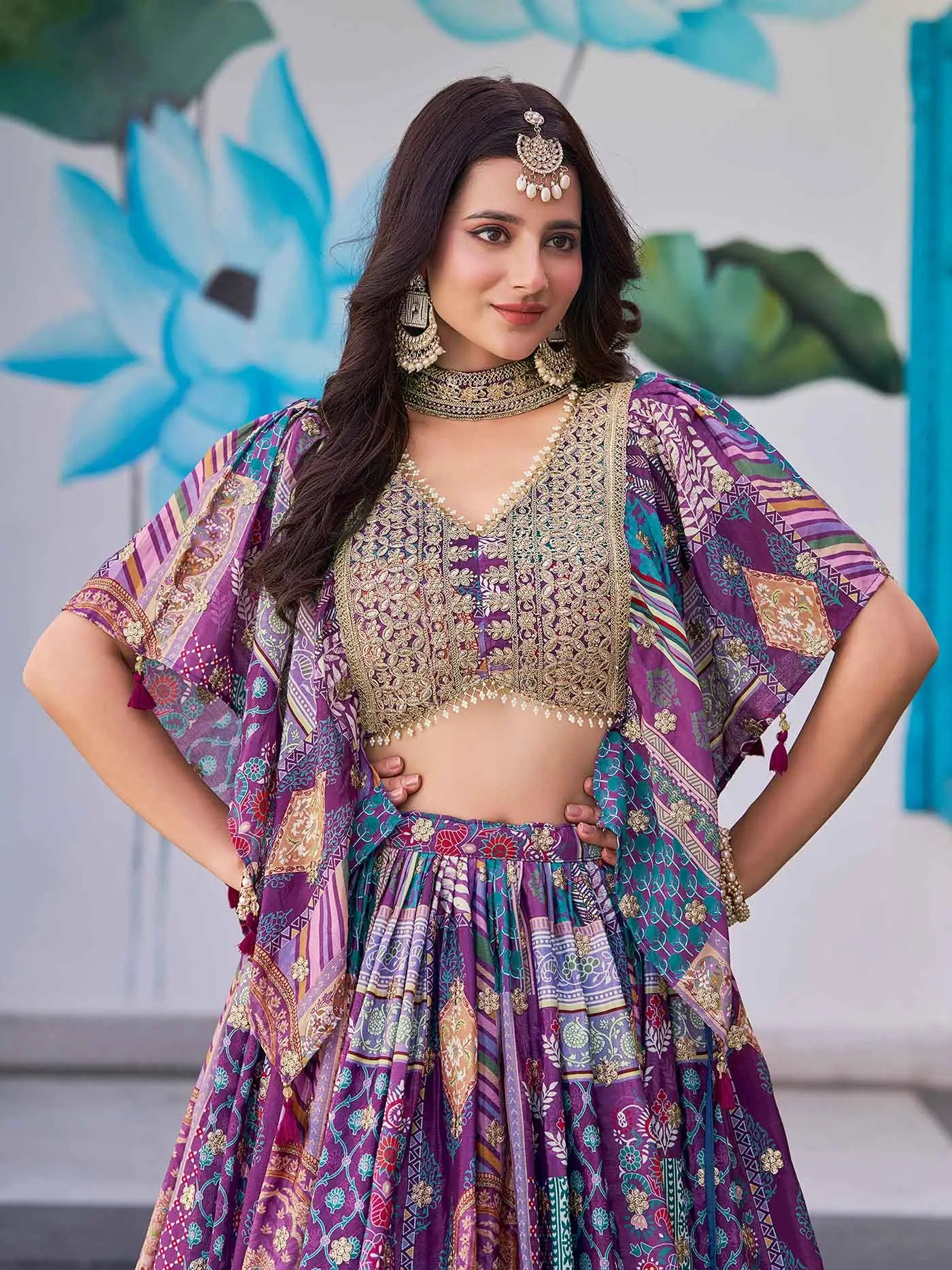 Purple Digital Print And Embroidery Work Lehenga With Choker Style Dupatta
