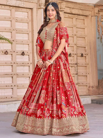 Red Silk Lehenga With Digital Print And Embroidery Work With Stylish Blouse