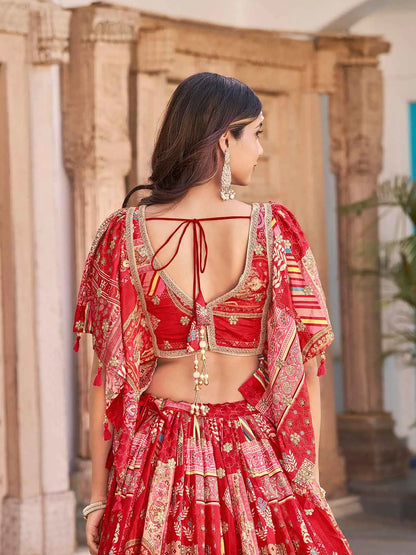 Red Silk Lehenga With Digital Print And Embroidery Work With Stylish Blouse