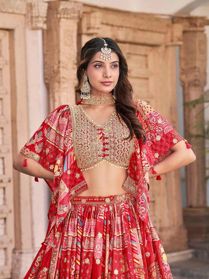 Red Silk Lehenga With Digital Print And Embroidery Work With Stylish Blouse