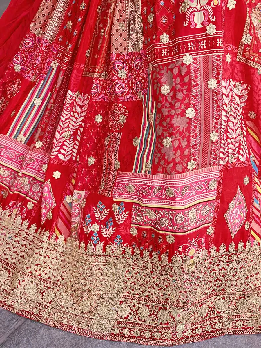 Red Silk Lehenga With Digital Print And Embroidery Work With Stylish Blouse