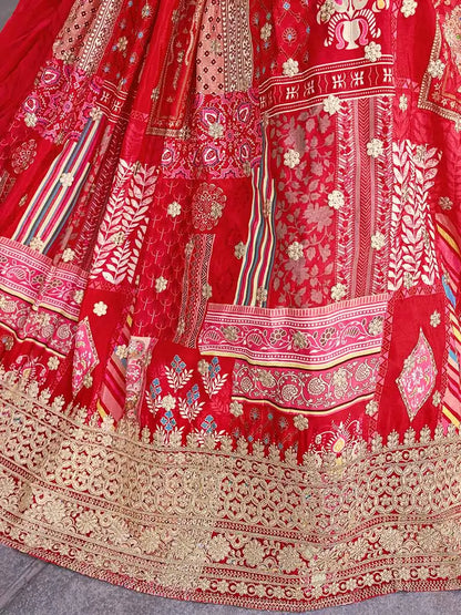 Red Silk Lehenga With Digital Print And Embroidery Work With Stylish Blouse