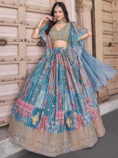 Sky Digital Print Embroidery Work Lehenga With Stylish Blouse With Pearl Work