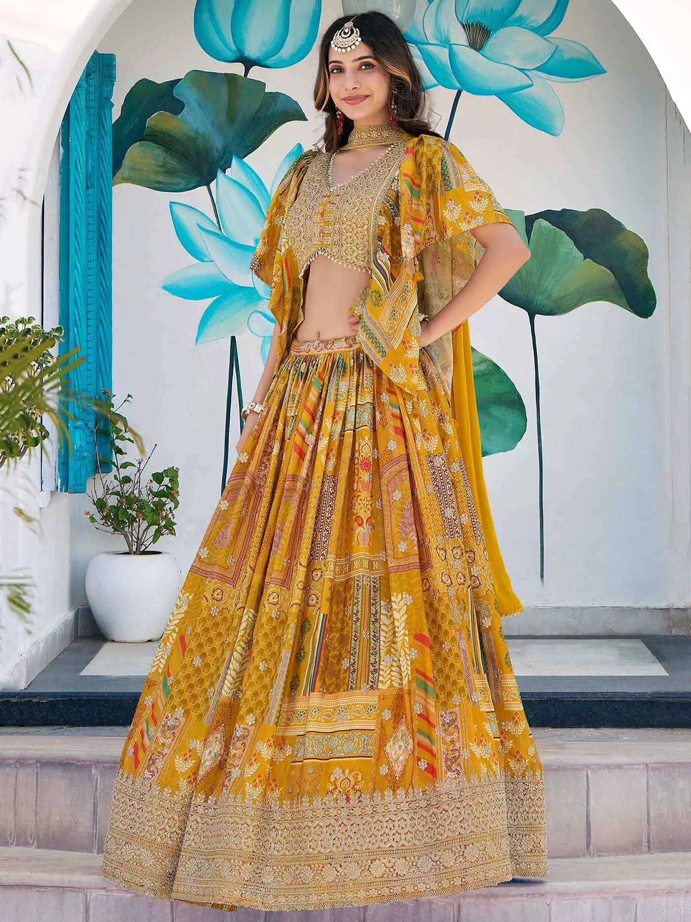 Yellow Digital Print And Embroidery Work Lehenga With Choker Style Dupatta