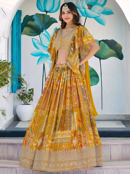 Yellow Digital Print And Embroidery Work Lehenga With Choker Style Dupatta