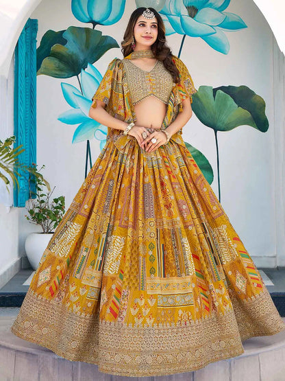 Yellow Digital Print And Embroidery Work Lehenga With Choker Style Dupatta