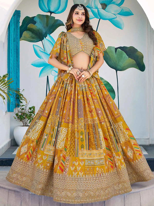 Yellow Digital Print And Embroidery Work Lehenga With Choker Style Dupatta