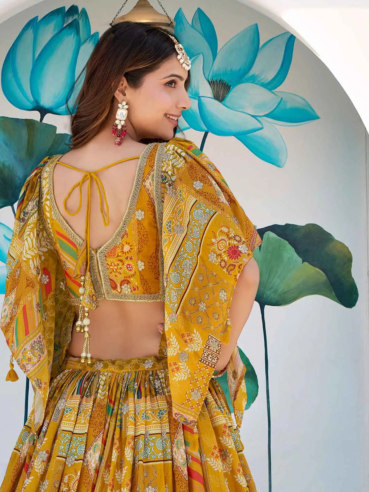 Yellow Digital Print And Embroidery Work Lehenga With Choker Style Dupatta