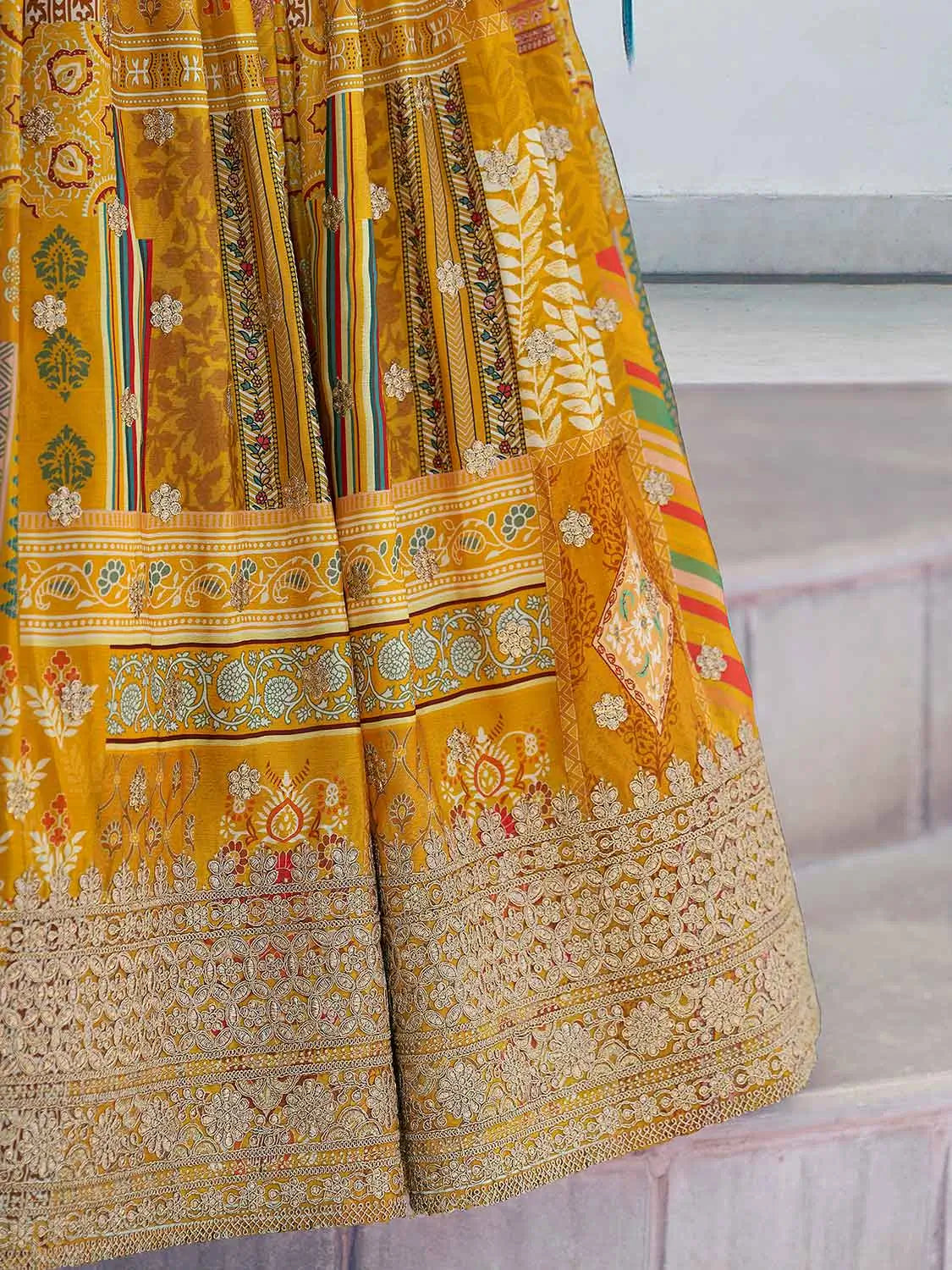 Yellow Digital Print And Embroidery Work Lehenga With Choker Style Dupatta