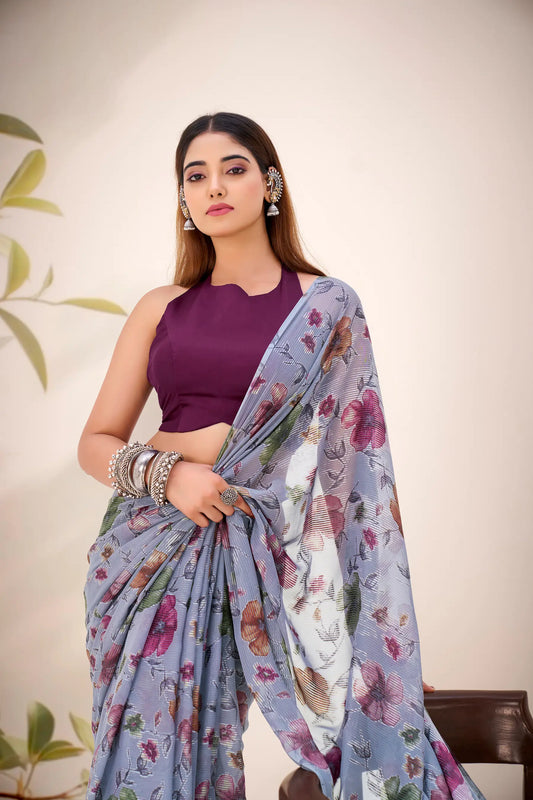 Cool Grey Lurex Brasso Floral Saree