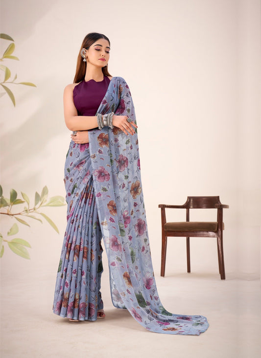 Cool Grey Lurex Brasso Floral Saree