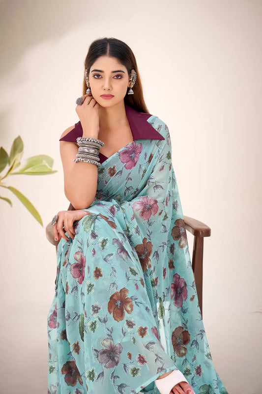 Aqua Blue Lurex Brasso Floral Saree