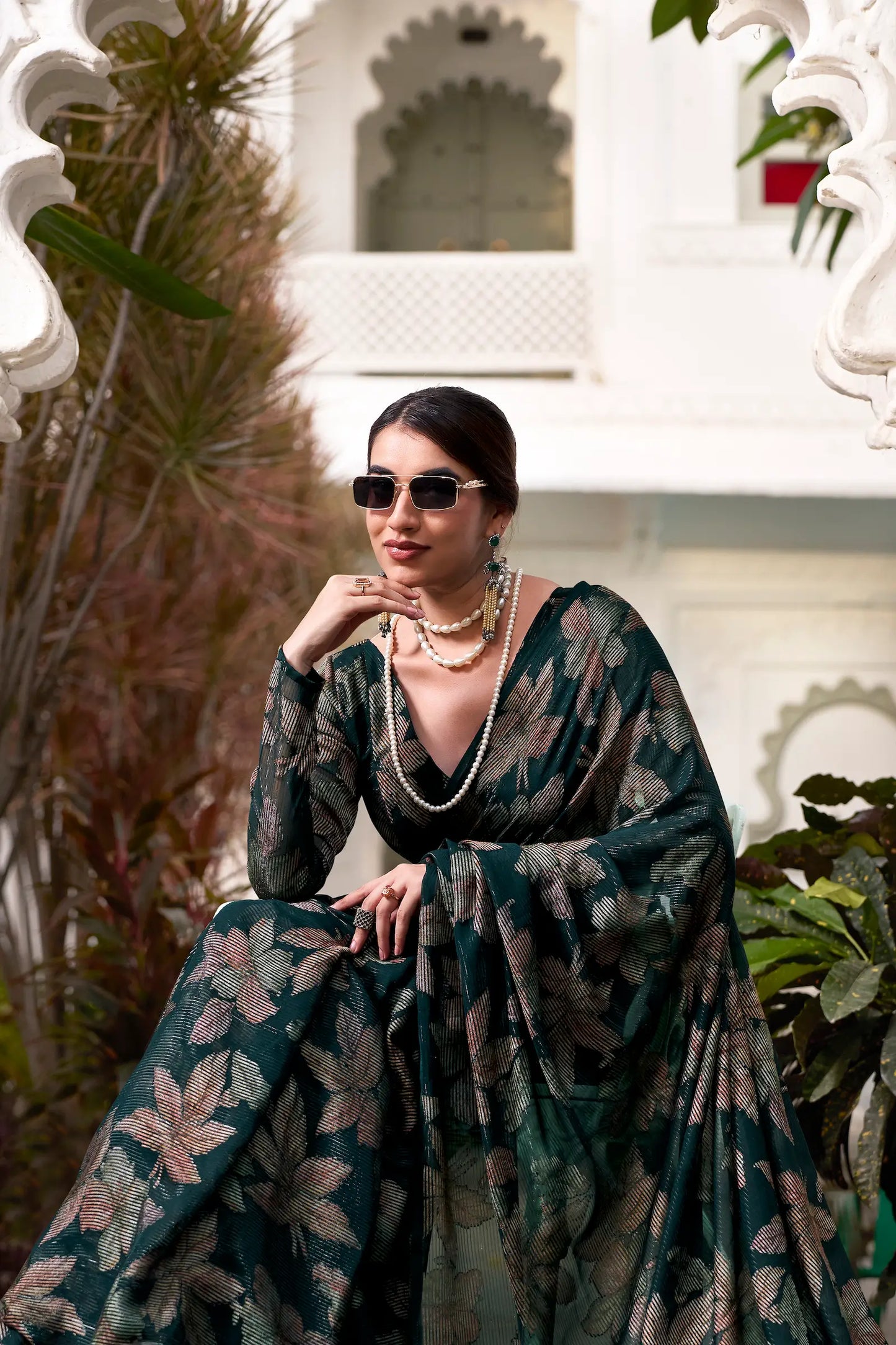 Bottle Green Floral Lurex Brasso Saree