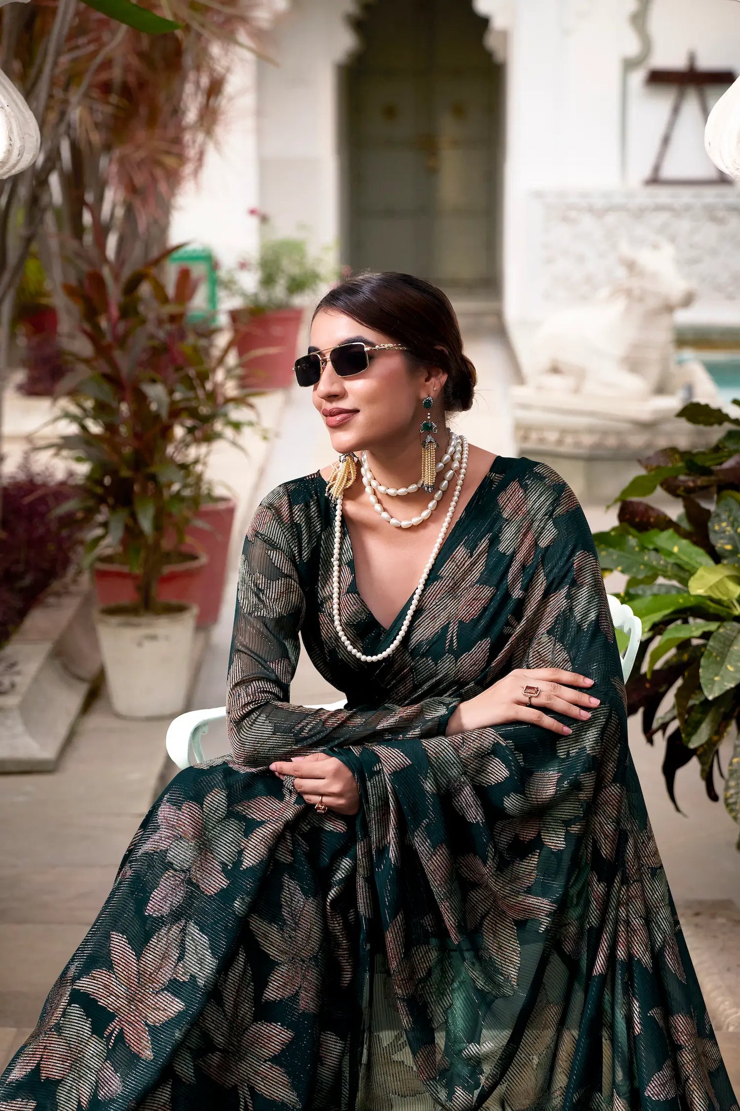 Bottle Green Floral Lurex Brasso Saree