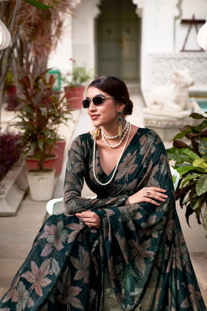 Bottle Green Floral Lurex Brasso Saree