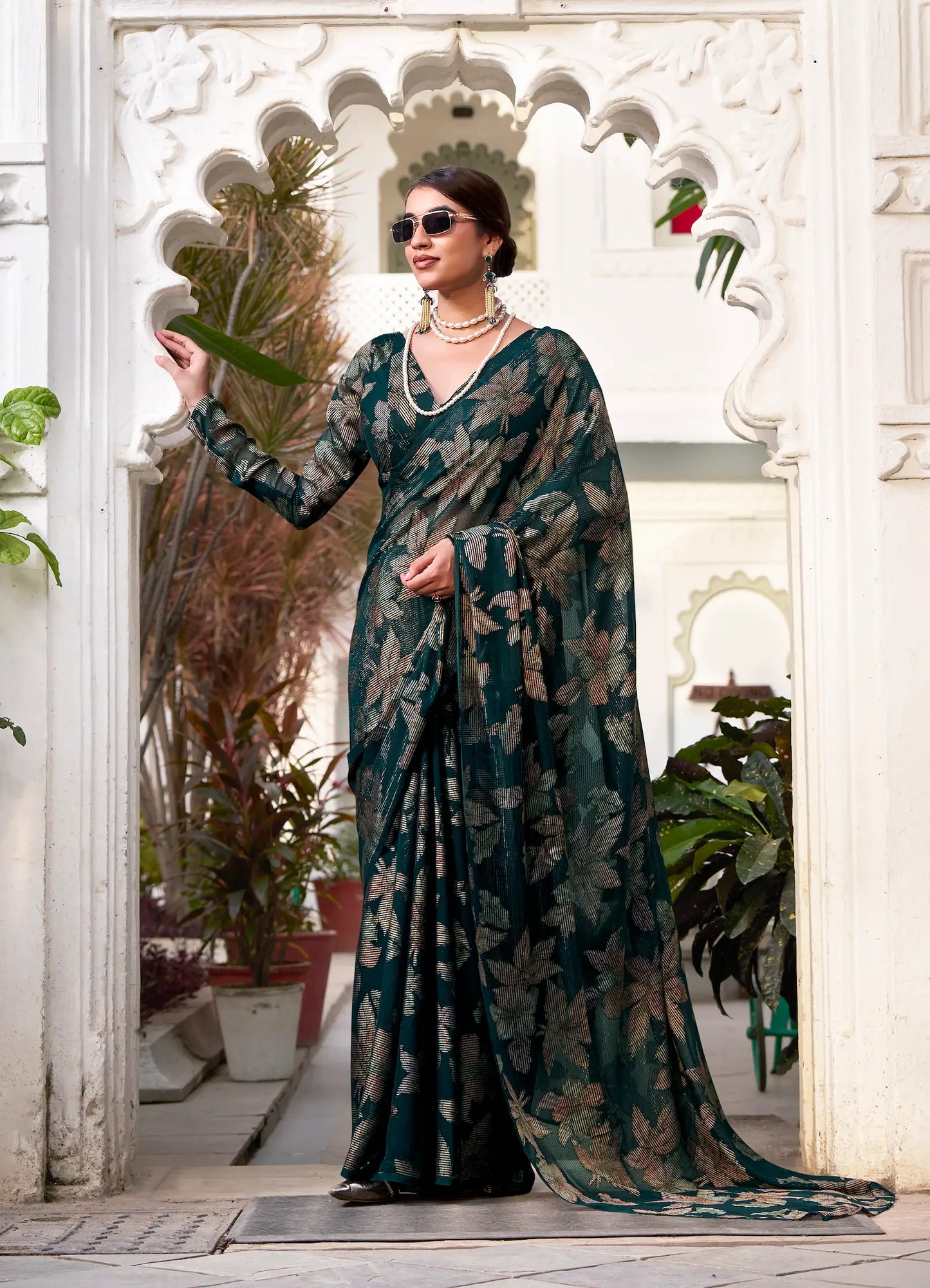 Bottle Green Floral Lurex Brasso Saree