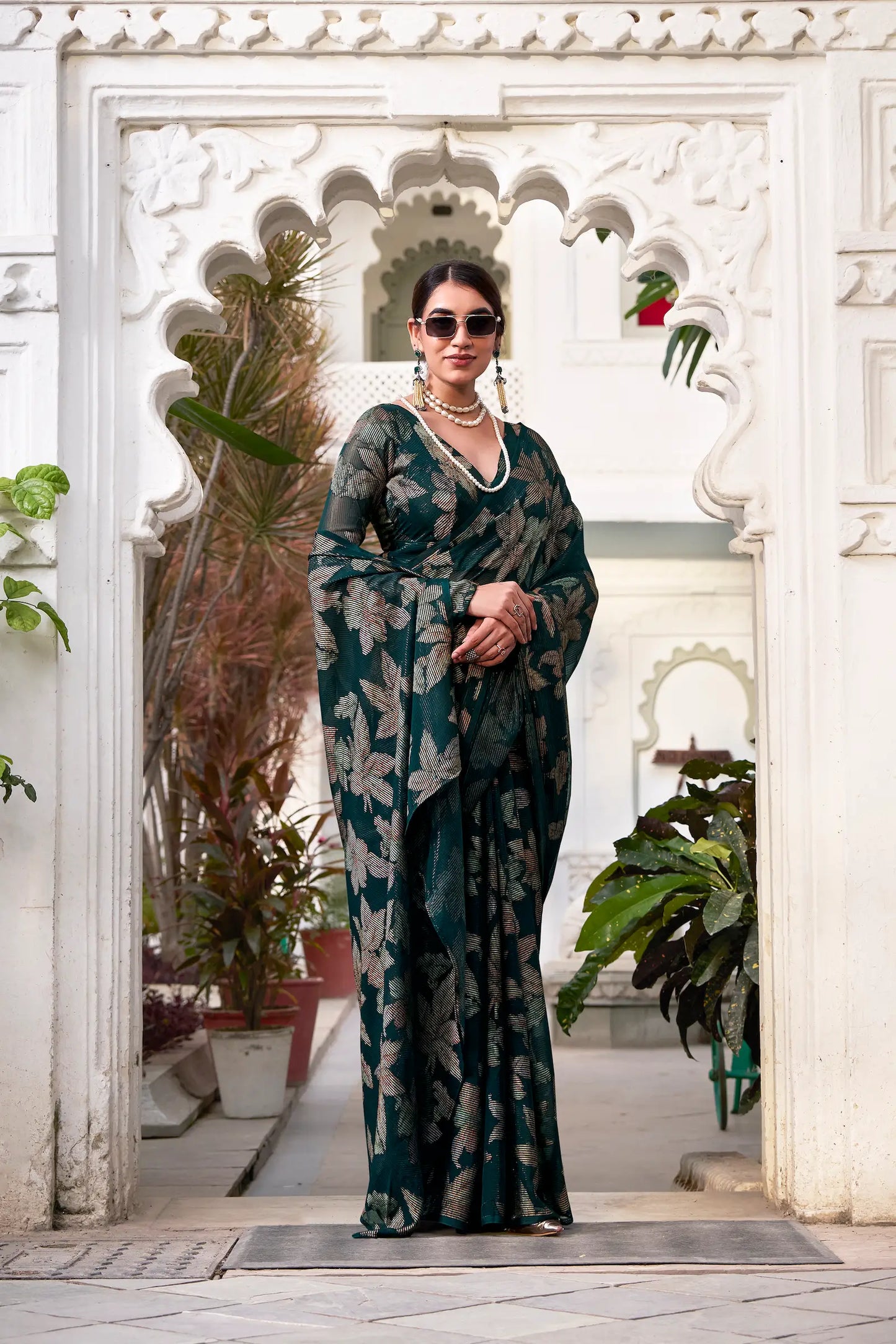 Bottle Green Floral Lurex Brasso Saree