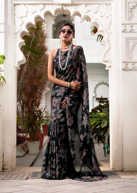 Hot Black Floral Lurex Brasso Saree