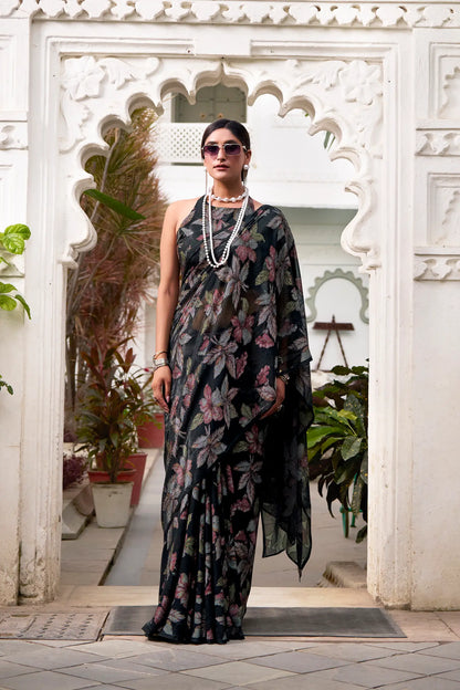 Hot Black Floral Lurex Brasso Saree