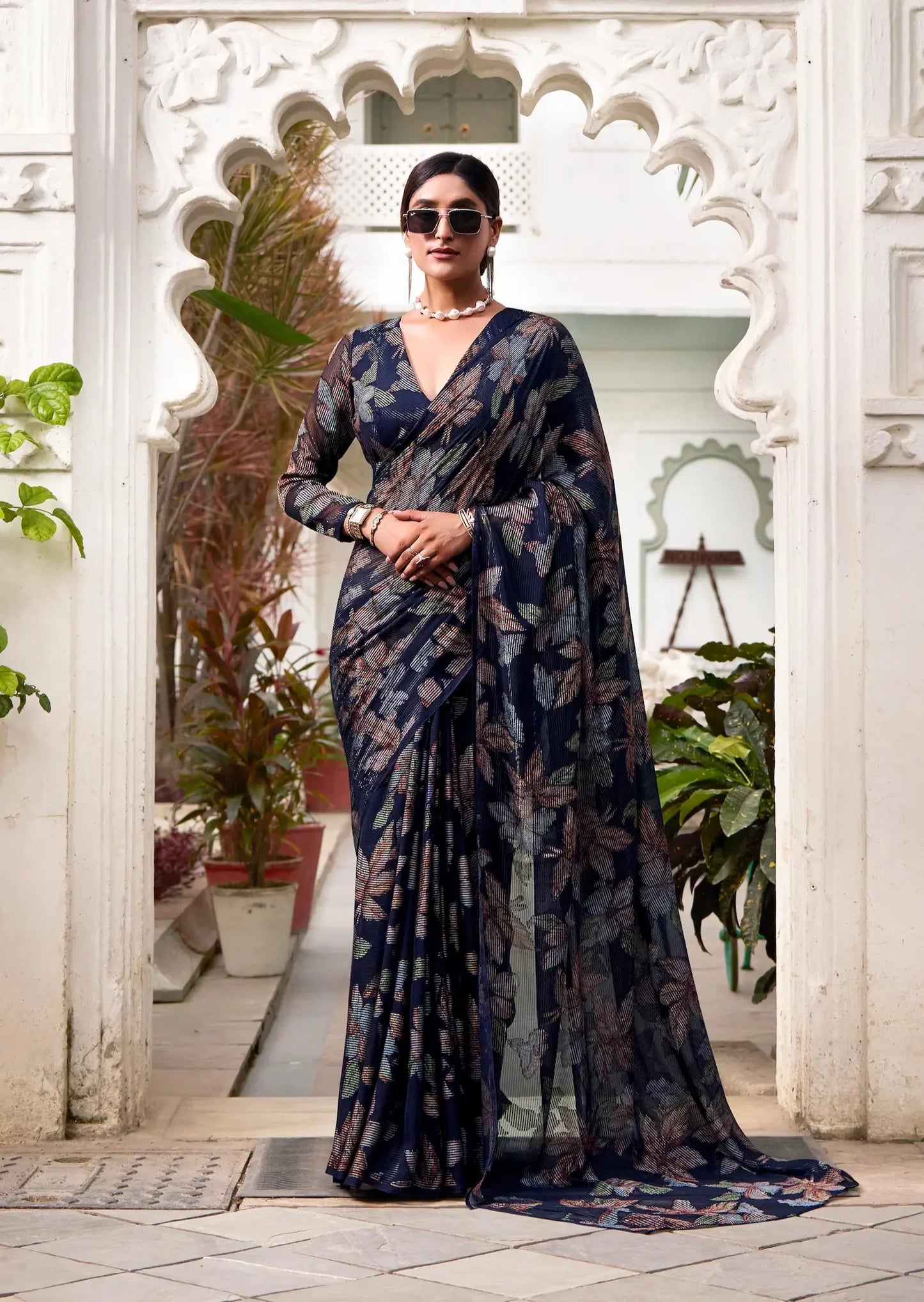 Navy Blue Floral Lurex Brasso Saree