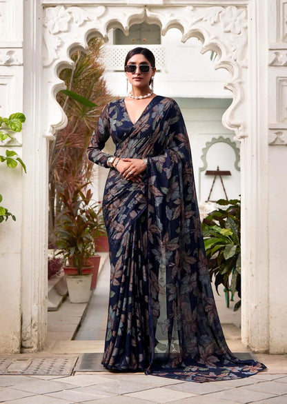 Navy Blue Floral Lurex Brasso Saree