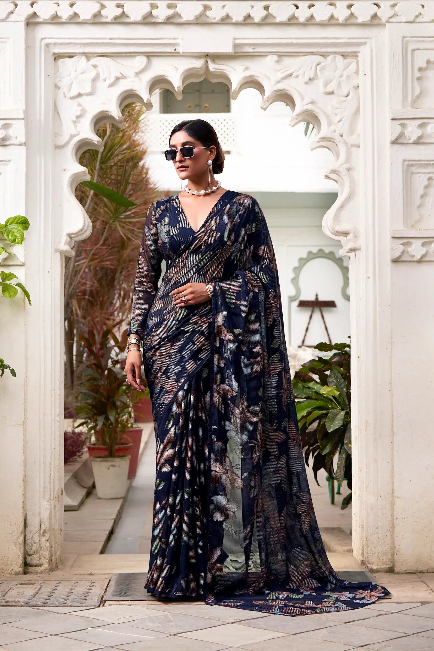 Navy Blue Floral Lurex Brasso Saree