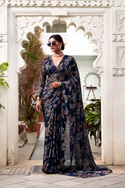 Navy Blue Floral Lurex Brasso Saree