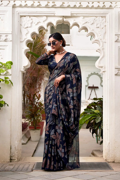 Navy Blue Floral Lurex Brasso Saree