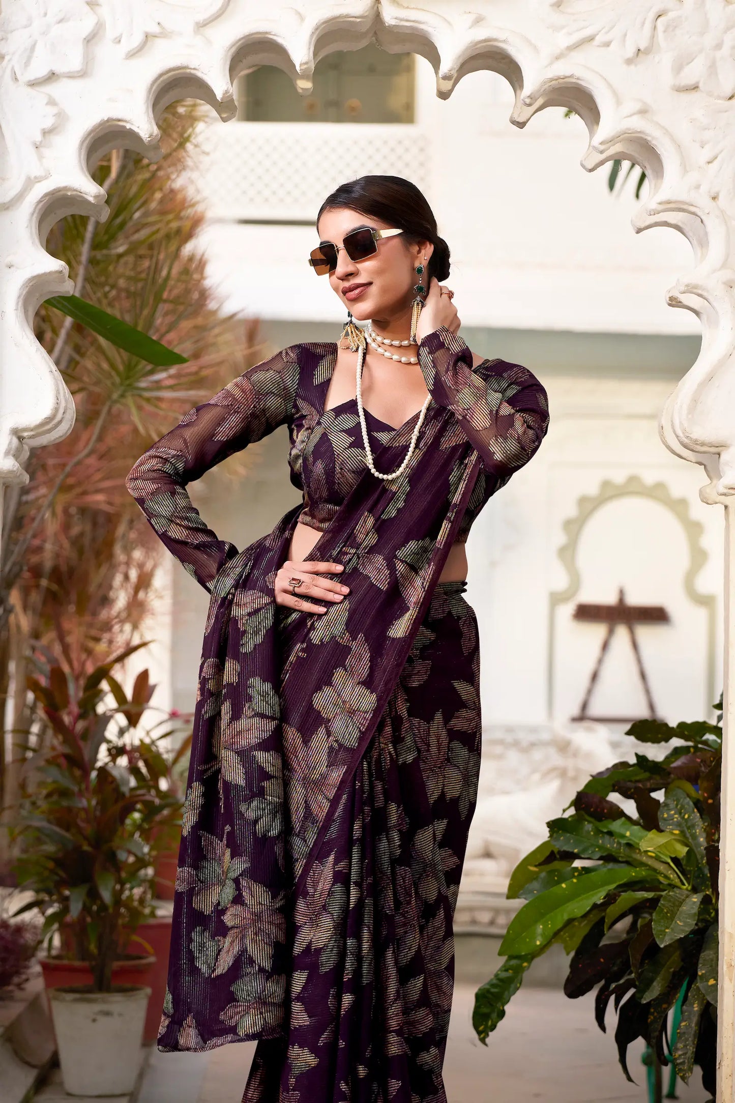 Dark Wine Floral Lurex Brasso Saree