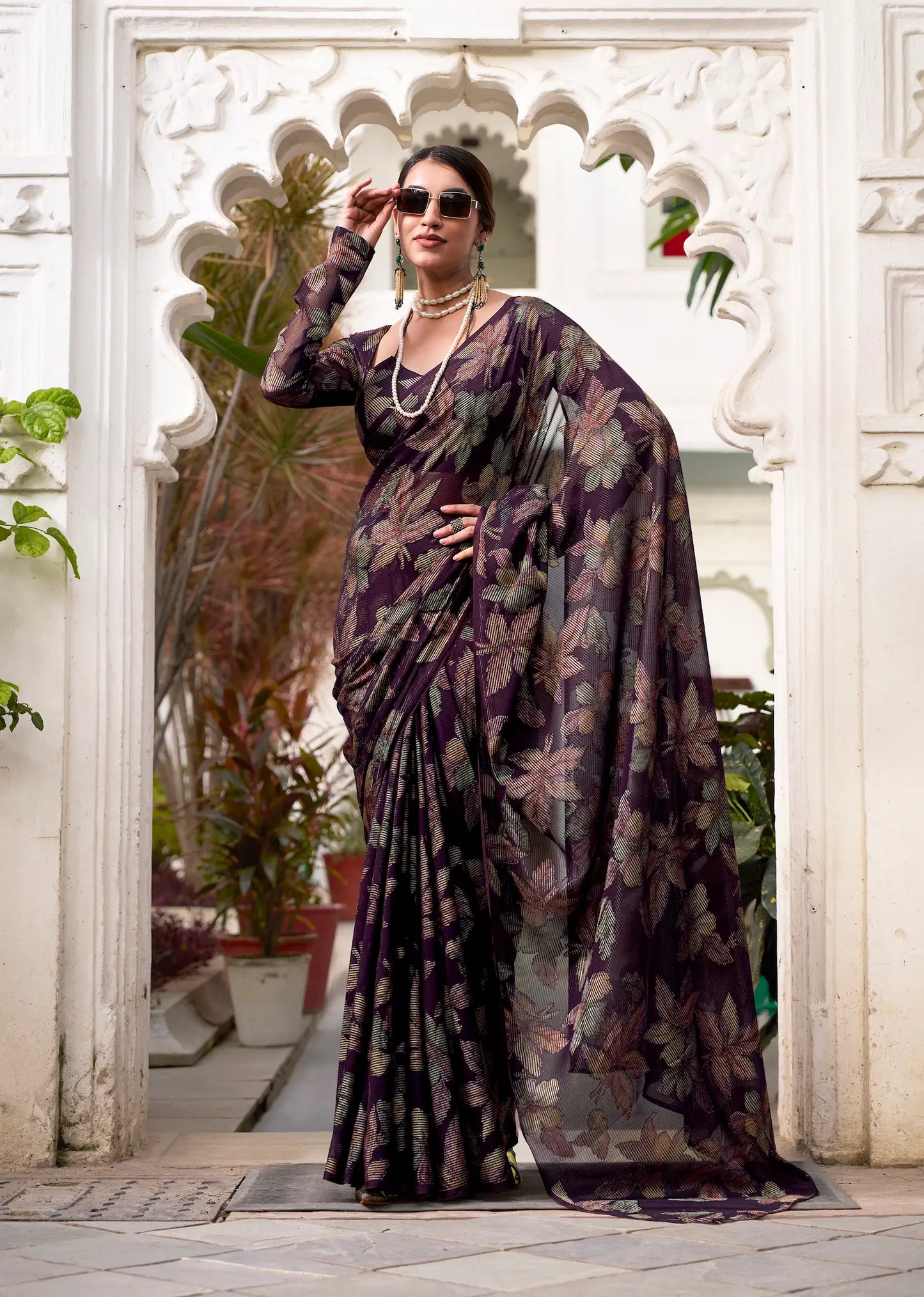 Dark Wine Floral Lurex Brasso Saree
