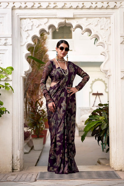 Dark Wine Floral Lurex Brasso Saree