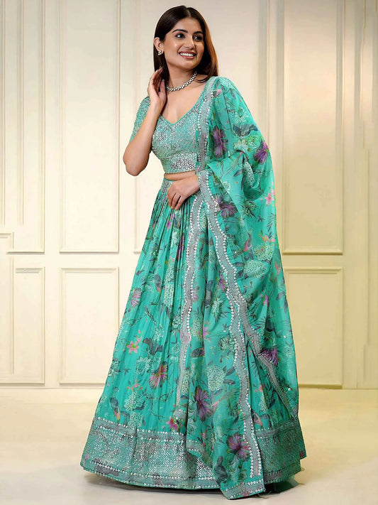 Sky Blue Organza Lehenga with Sequins & Zari
