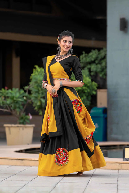 Yellow And Black Gamthi Work Chaniya Choli For Navratri