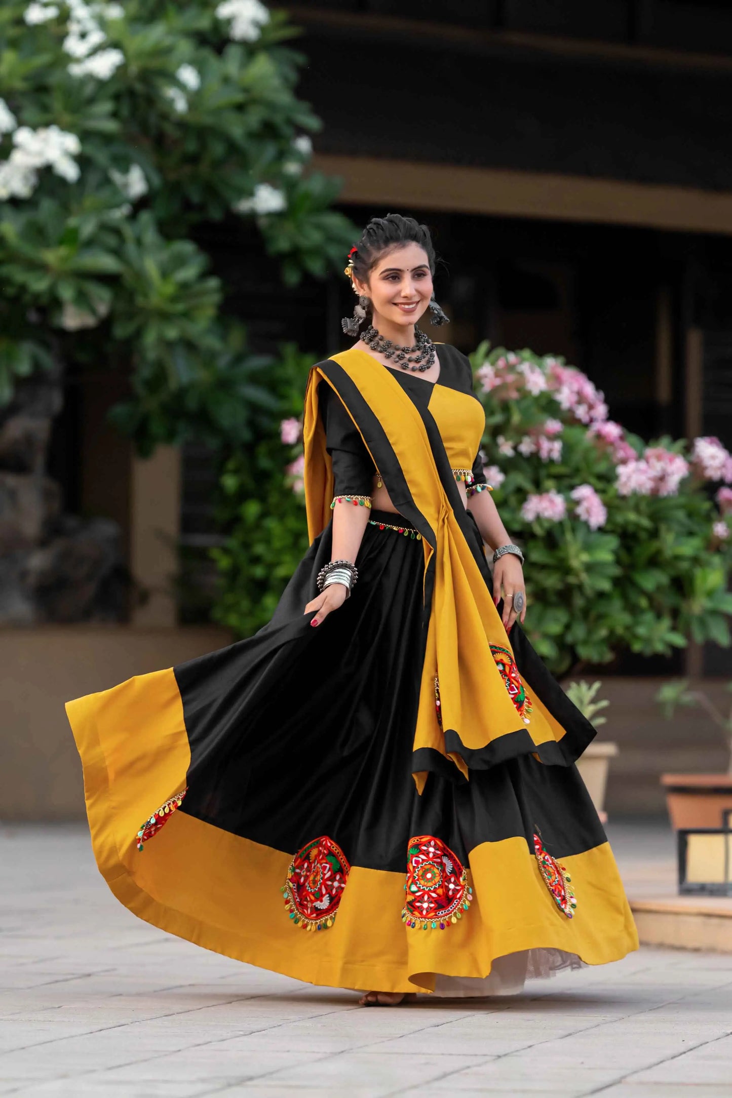 Yellow And Black Gamthi Work Chaniya Choli For Navratri