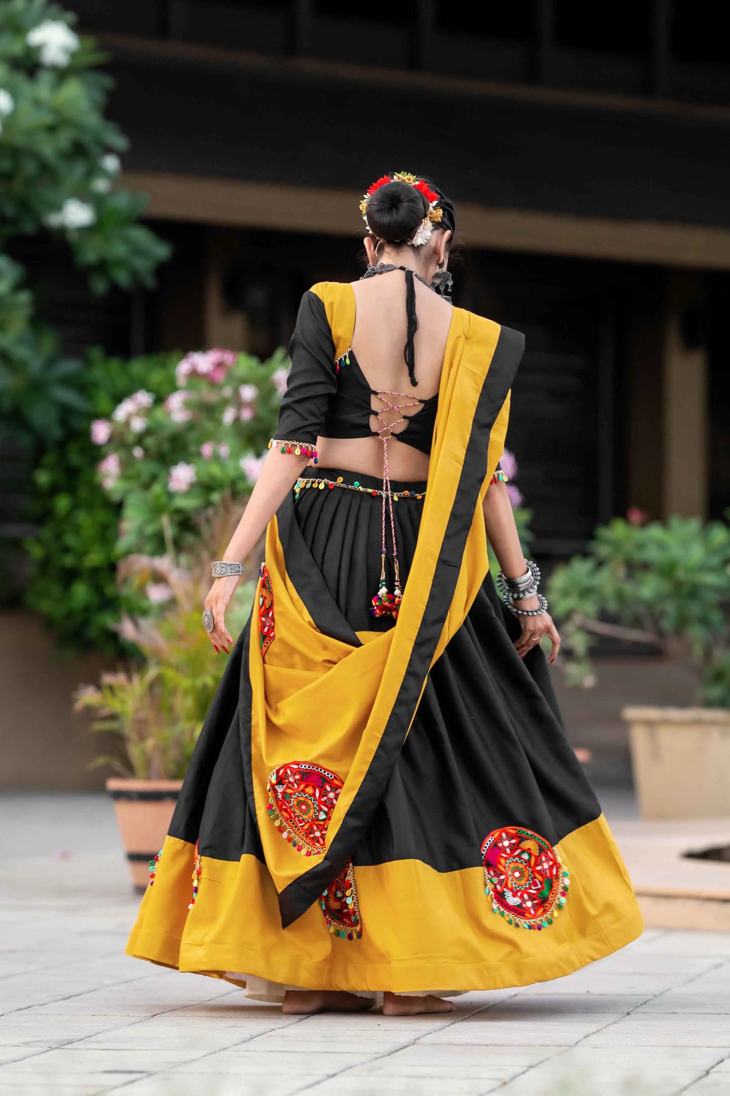 Yellow And Black Gamthi Work Chaniya Choli For Navratri