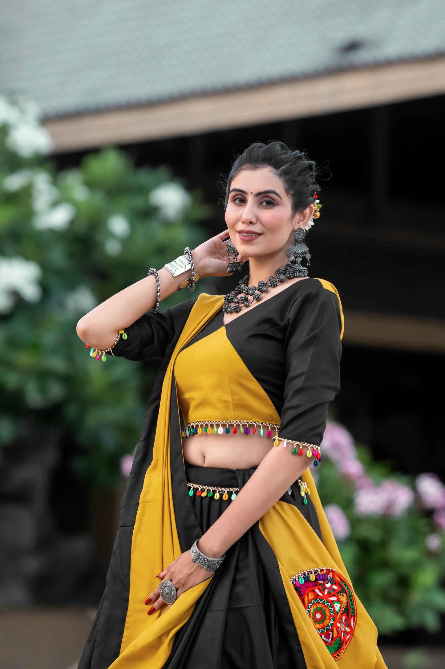 Yellow And Black Gamthi Work Chaniya Choli For Navratri