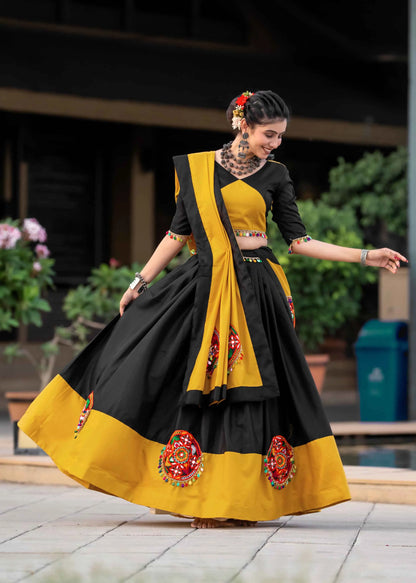 Yellow And Black Gamthi Work Chaniya Choli For Navratri