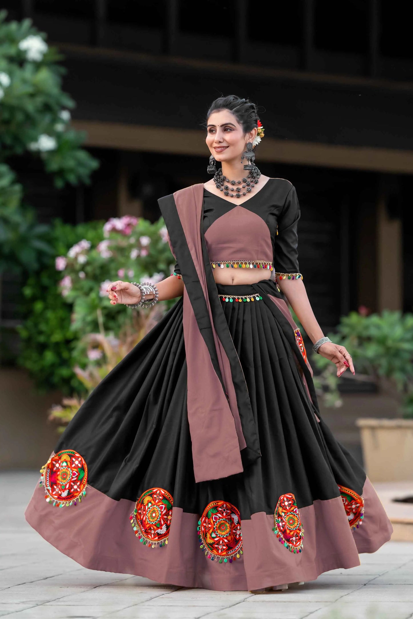 Onion And Black Gamthi Work Chaniya Choli For Navratri