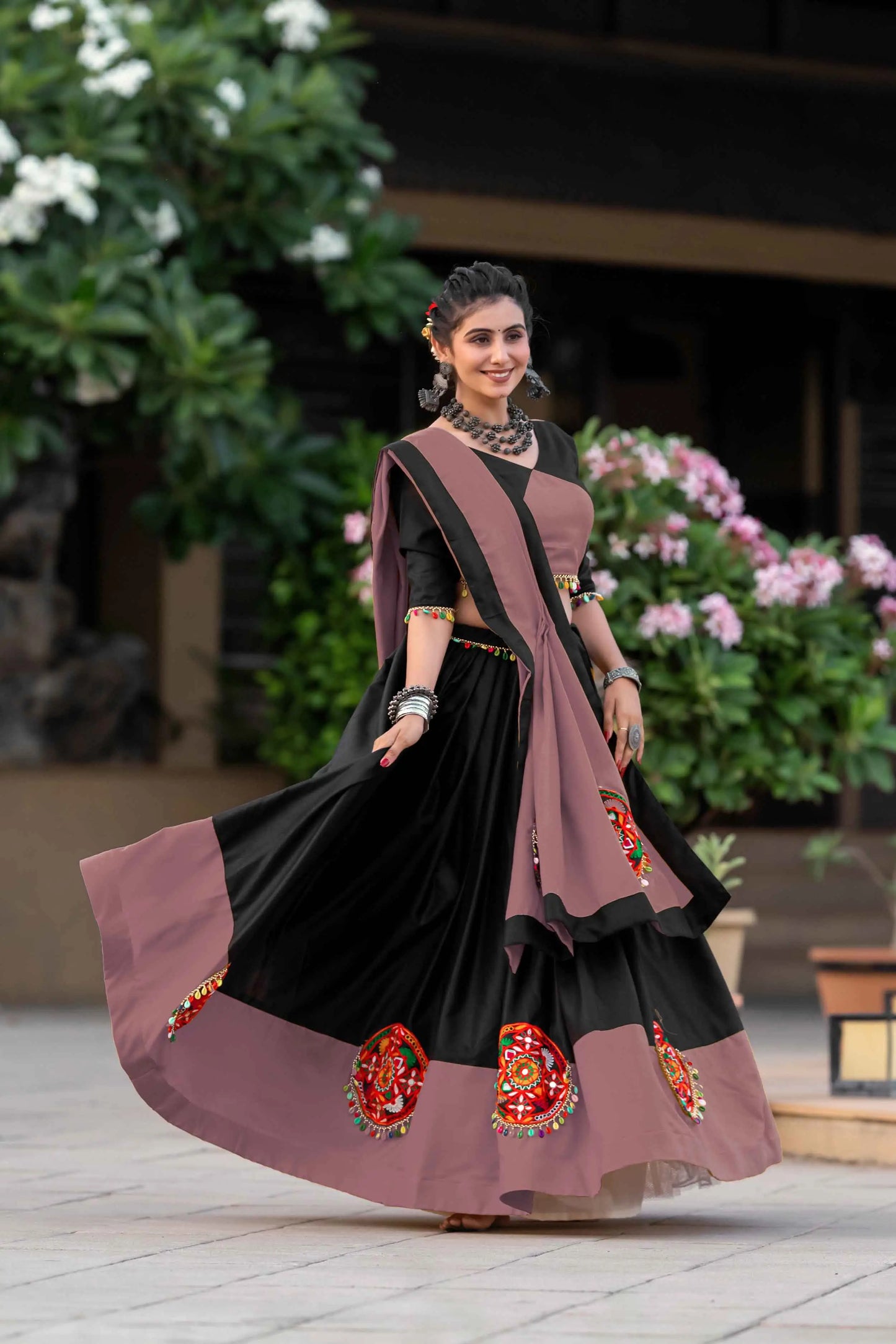 Onion And Black Gamthi Work Chaniya Choli For Navratri