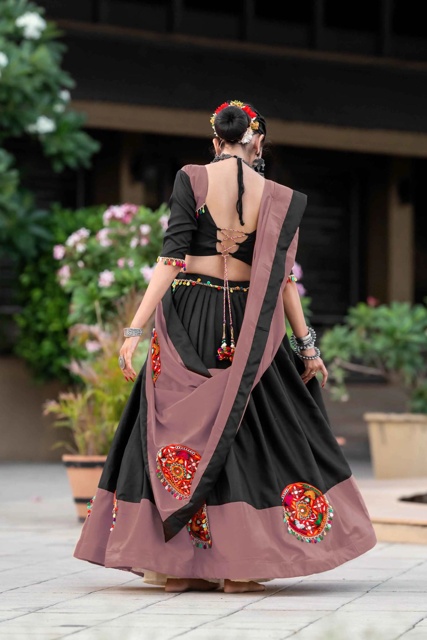 Onion And Black Gamthi Work Chaniya Choli For Navratri