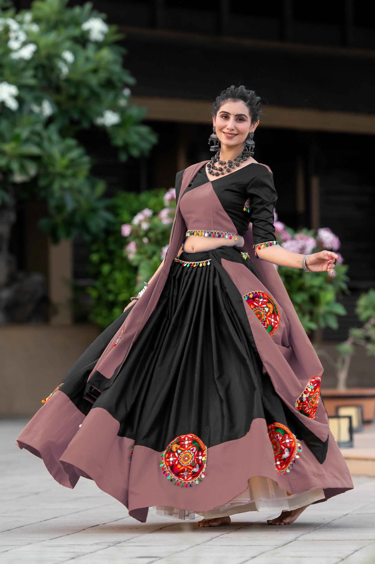 Onion And Black Gamthi Work Chaniya Choli For Navratri