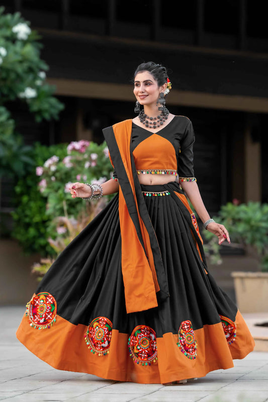 Orange And Black Gamthi Work Chaniya Choli For Navratri