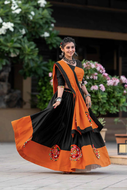 Orange And Black Gamthi Work Chaniya Choli For Navratri