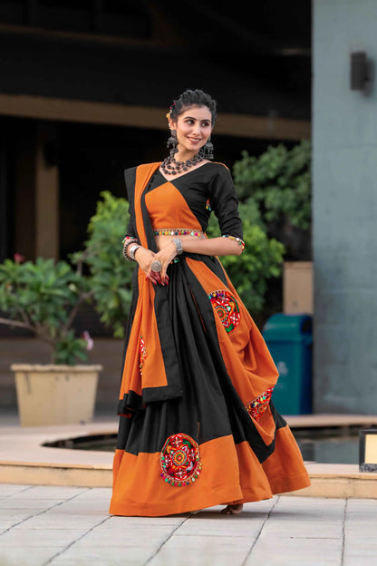 Orange And Black Gamthi Work Chaniya Choli For Navratri